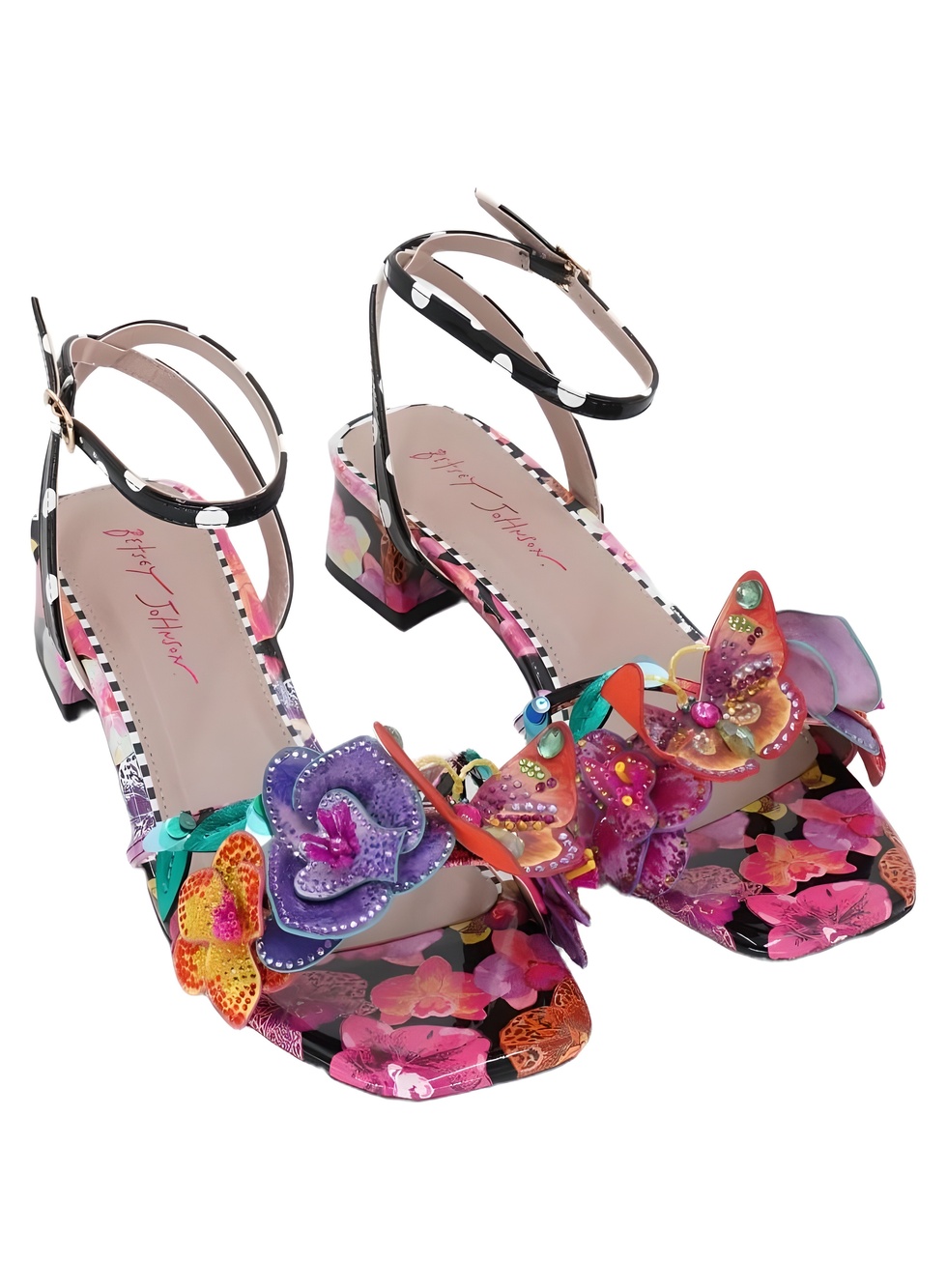 Betsey Johnson Maranda Black Multi Floral Butterfly Applique Block Size 9.5M